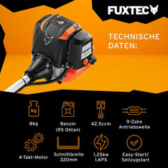 FUXTEC Benzin Motorsense FX-4MS142, Rasentrimmer mit 4-Taktmotor, 320 mm Schnittkreis, Geschwindigkeitsregler und Easy-Starter, inkl. Fadenspule/Profi-Tragegurt