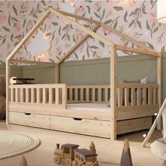 Crazy Pine Hausbett mit Schubladen 200x90 cm – Kinderbett aus Naturholz mit Rausfallschutz – Montessori Bodenbett mit zusätzlichen Stauraum und und Abnehmbarer Barriere - Crazy House