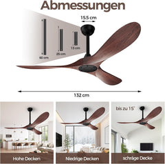 Biukis 152 cm Deckenventilator mit Fernbedienung, 6 Geschwindigkeitsstufen, reversibler DC-Motor für ganzjährige Nutzung, geeignet für Außenbereich, Garten, Wohnzimmer, Schlafzimmer – Walnuss