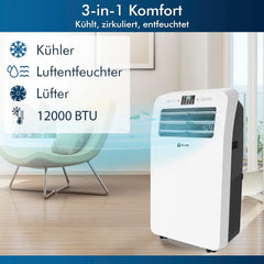 KLIM AC12000 | Leistungsstarke und Leise Mobile Klimaanlage mit 12.000 BTU + NEU 2024 + mit Integrierter Entfeuchtungsfunktion, Ventilator und Kühlmodus + Fernbedienung + 5 JAHRE SCHUTZ