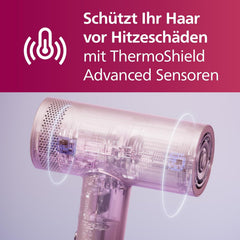 Philips Hochgeschwindigkeits-Haartrockner Serie 8000, ThermoShield Advanced, Ionic, Stylingdüse & Diffusor, Kopfhautpflege, 1400 W, Rose Champagne, Modell BHD837/10