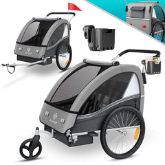 KESSER Kinderfahrradanhänger Sport-RX 2in1 Jogger & Buggy 5-Punkt-Gurt Sicherheitsgurt 360° Vorderrad Kinderfahrradanhänger Reflektoren für 1-2 Kinder (max. 40 kg) Getränkehalter & Smartphonefach