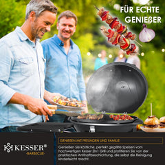 KESSER elektrischer Elektrogrill 2in1 Tischgrill - Standgrill mit Deckel und Standfuß | max. 2400 Watt | Faltbar | Thermostat | Antihaftbeschichtung | Grillplatte Abstelltische | 2 Räder |