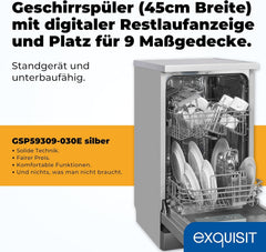 Exquisit Geschirrspüler, 9 Maßgedecke, Spülmaschine 45 cm, Power+, ECO-Modus, Geschirrspüler 45 cm, GSP59109-030E silber
