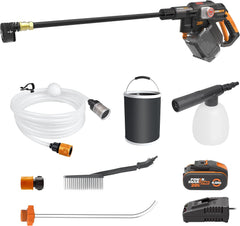 WORX Nitro 18V(20V MAX) Hydroshot Akku-Hochdruckreiniger WG633E.1, PowerShare, Terrassenreinigung und Autoreinigung, Max. 56 Bar, 220L/H, mit Zubehör, 4,0 Ah Akku & Ladegerät Orange & Schwarz