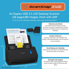 ScanSnap iX1400 Desktop Dokumentenscanner (Schwarz) - A4, Duplex, USB 3.2 mit ADF