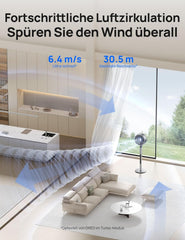 Dreo Standventilator mit intelligenter Steuerung, 101,6–111,8 cm höhenverstellbar, DC leiser Ventilator für Schlafzimmer, 120°+85° omnidirektionaler oszillierender Ventilator, 30,5 m Luftstrom, 10