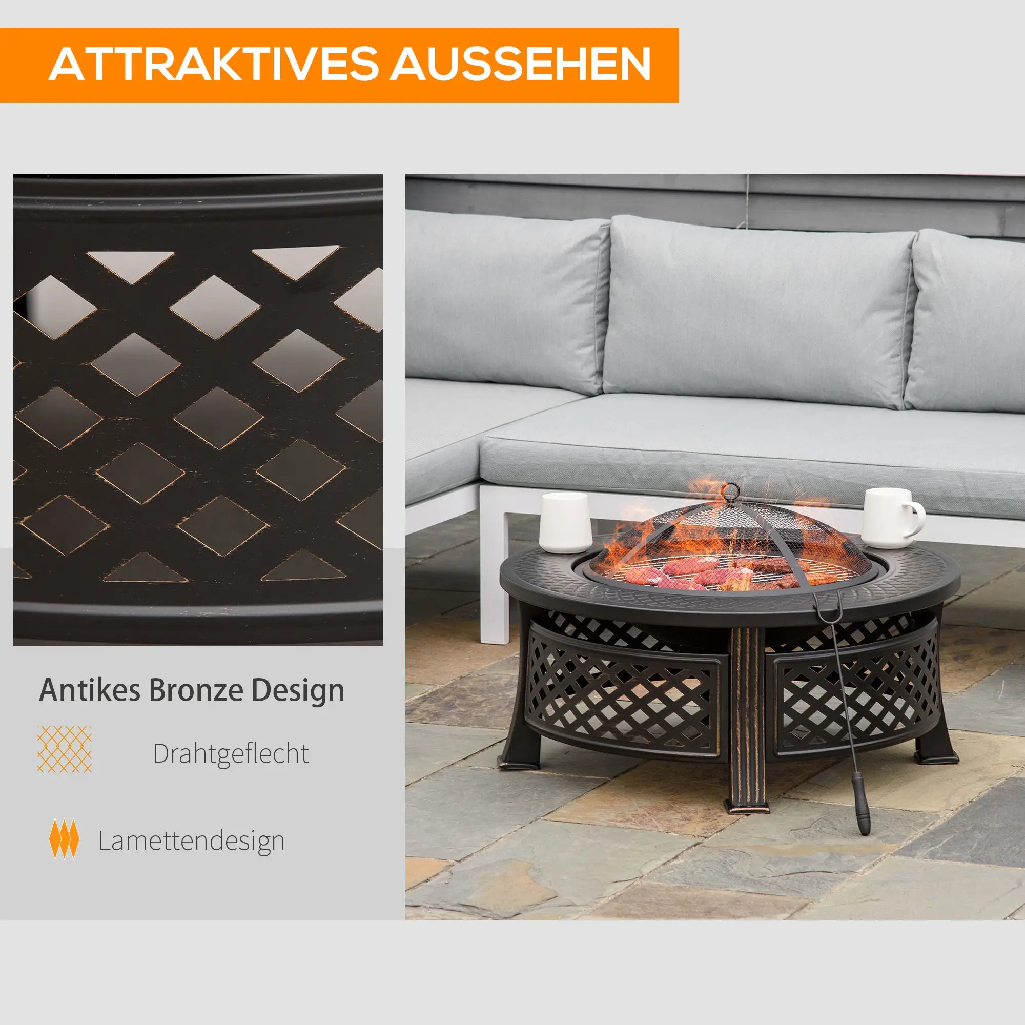 Outsunny Feuerschale BBQ-Grill 2-in-1 Bronzeoptik