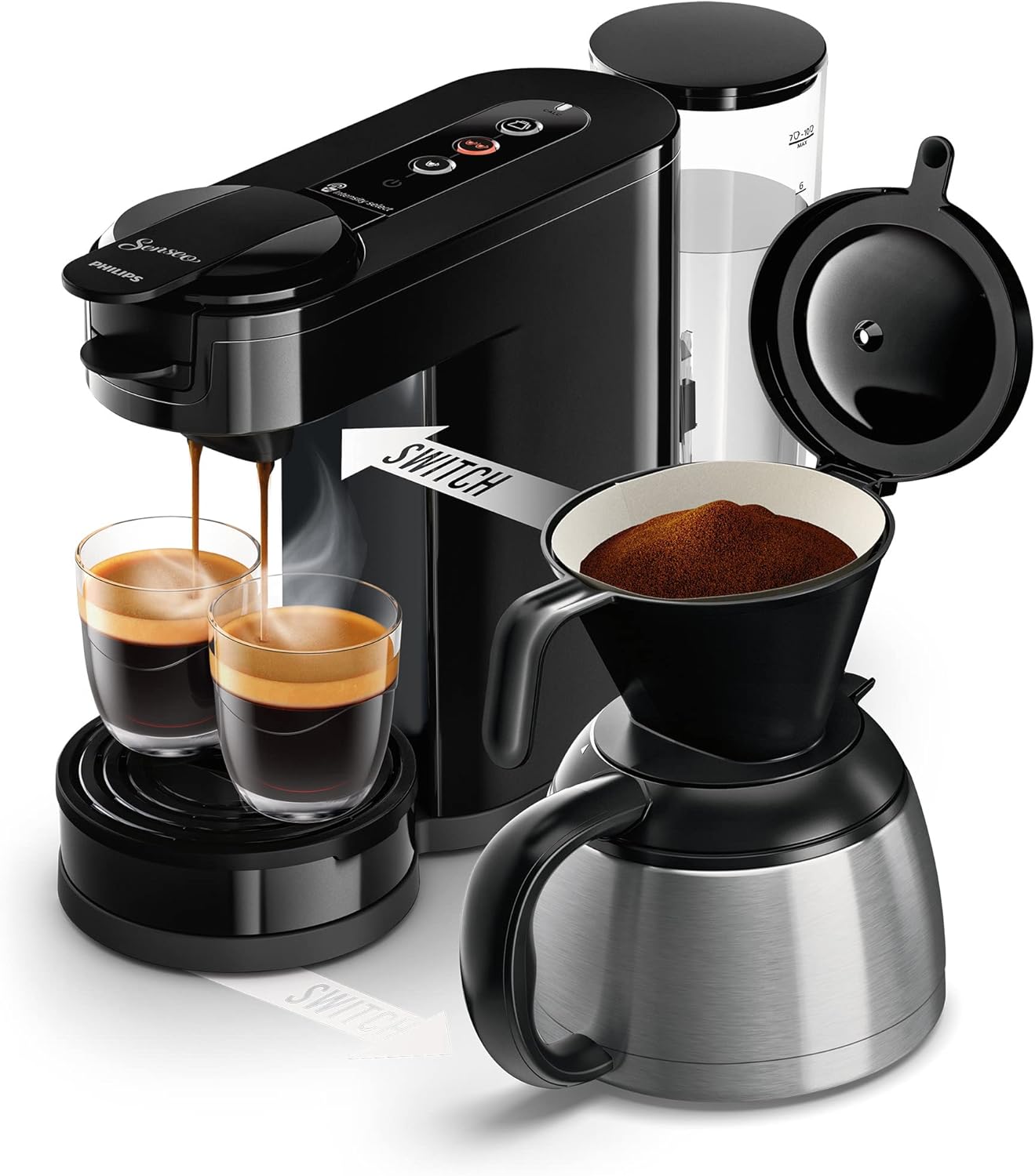 Philips Senseo Switch Pad- und Filterkaffeemaschine, 2-in-1-Brühtechnologie, 1-Liter-Wasserbehlter, 7 Tassen in einem Durchgang, Klavierlackschwarz (HD6592/64)