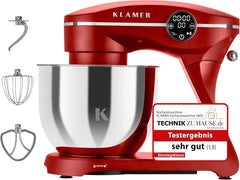 KLAMER Küchenmaschine 1800W, Knetmaschine mit 6 Liter Edelstahl Schüssel, 10 Geschwindigkeitsstufen mit Timer, Rührbesen, Knethaken, Schneebesen und Spritzschutz