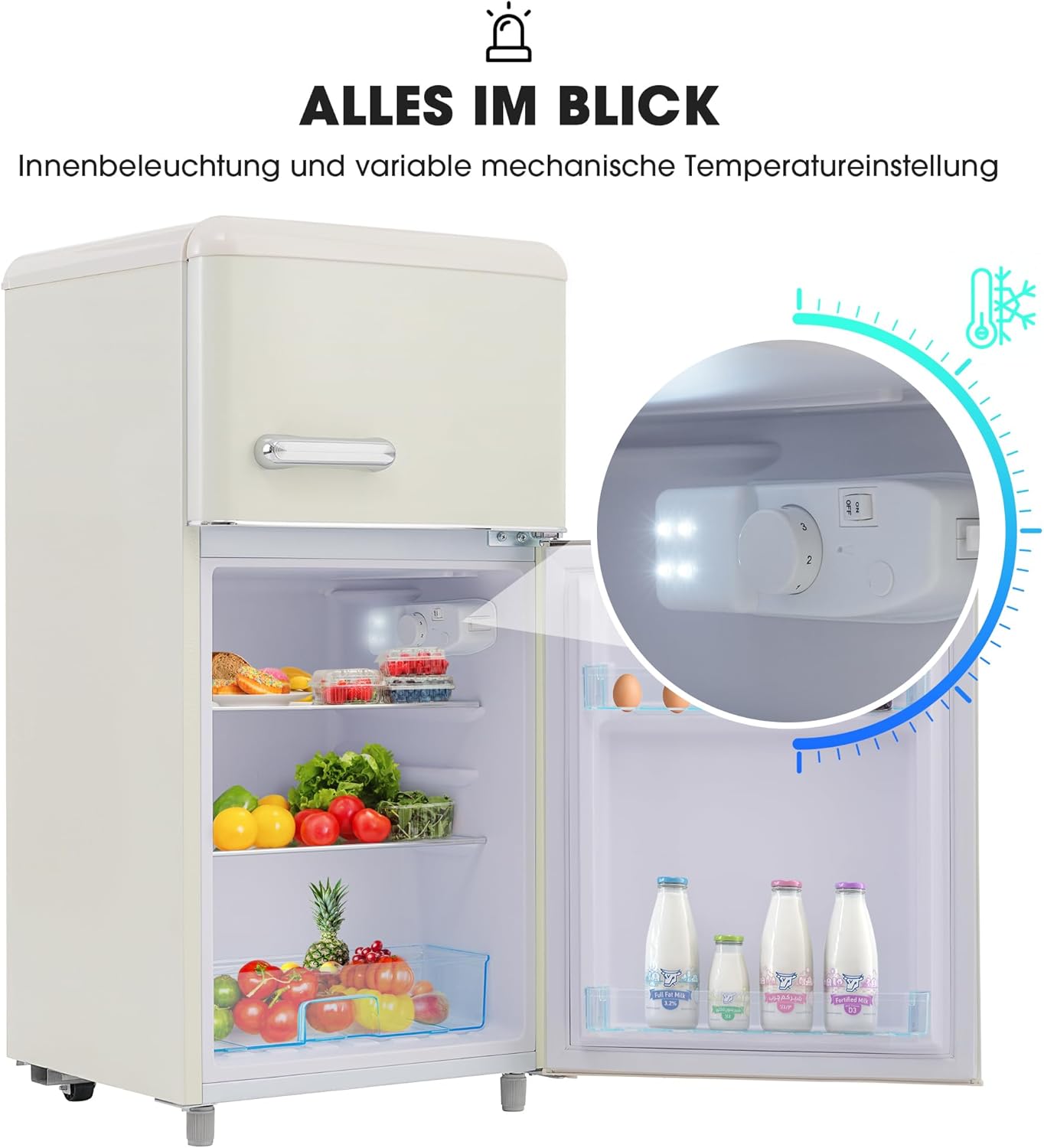Merax Kühlschrank mit Gefrierfach, Kühl-Gefrierkombination, klein Kühlschrank mit 51L und Gefrierschrank 21L, Leise, LED, Glasablagen, Gemüsefach, Türablagen, für Küche, Wohnzimmer, Büro, Schwarz