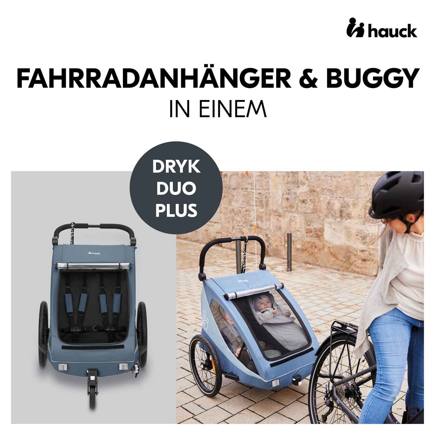 hauck Fahrradanhänger & Kinderwagen Dryk Duo Plus mit Federung, für 2 Kinder (6-48 Monate), inkl. Deichsel, Buggyrad, Fahne und LED Licht, Faltbar, Höhenverstellbar, XL Kofferaum (Dark Green)