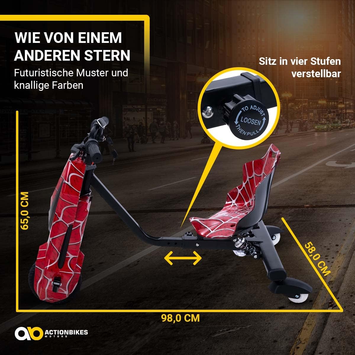Actionbikes Motors Kinder Elektro Driftscooter | 𝟐𝟓𝟎 Watt Motor - Drift Cart 360°- 3 Geschwindigkeitsstufen - LED-Beleuchtung - Sitz verstellbar - Bluetooth - Drift Kart - Drift Auto (Space Purple)