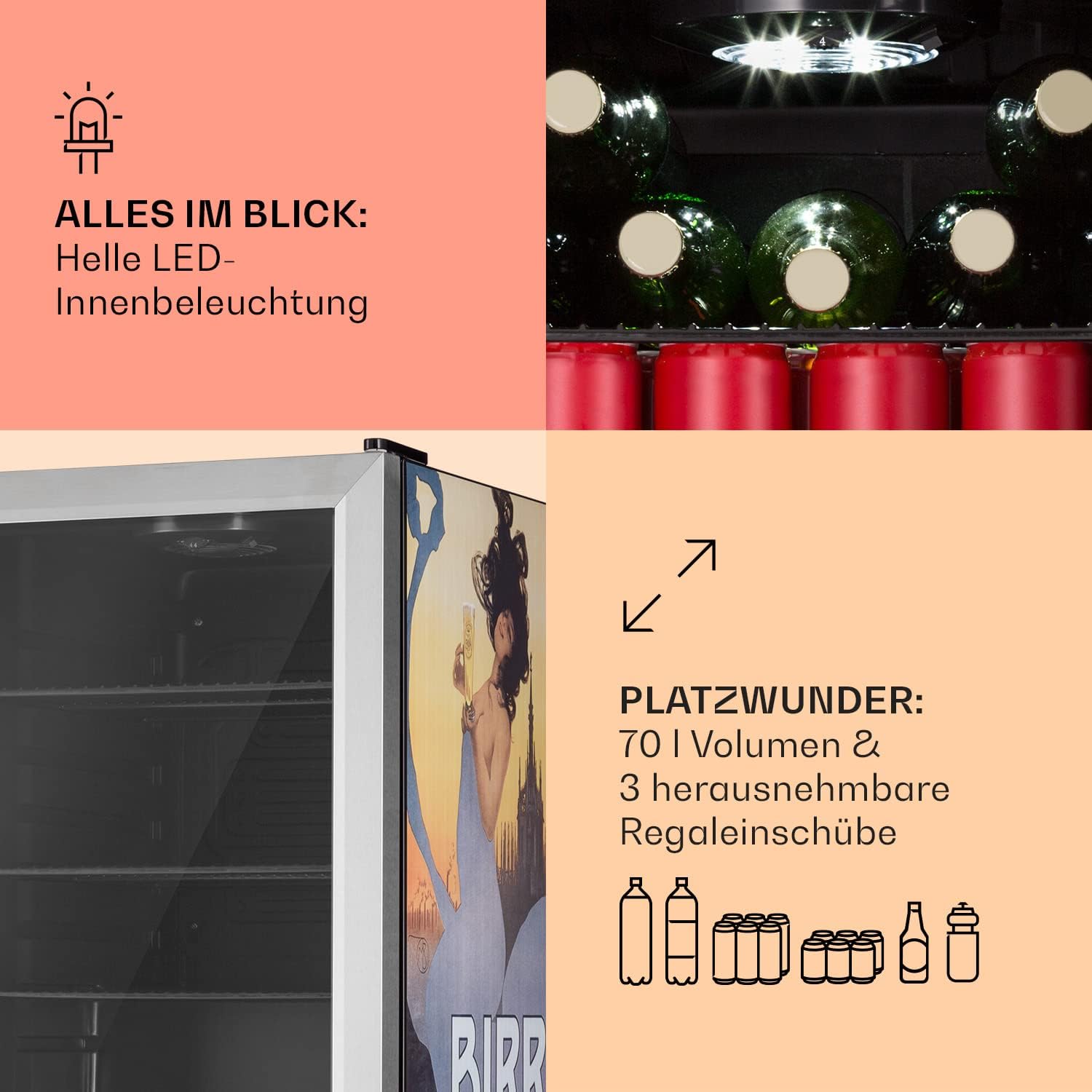 Klarstein Kühlschrank 70L, Kleiner Kühlschrank mit Herausnehmbaren Ablagen, Leiser Mini Kühlschrank mit Glastür & LED, Getränkekühlschrank Klein, Outdoor Geeignet, Biersafe für Flaschen, 0-10°C