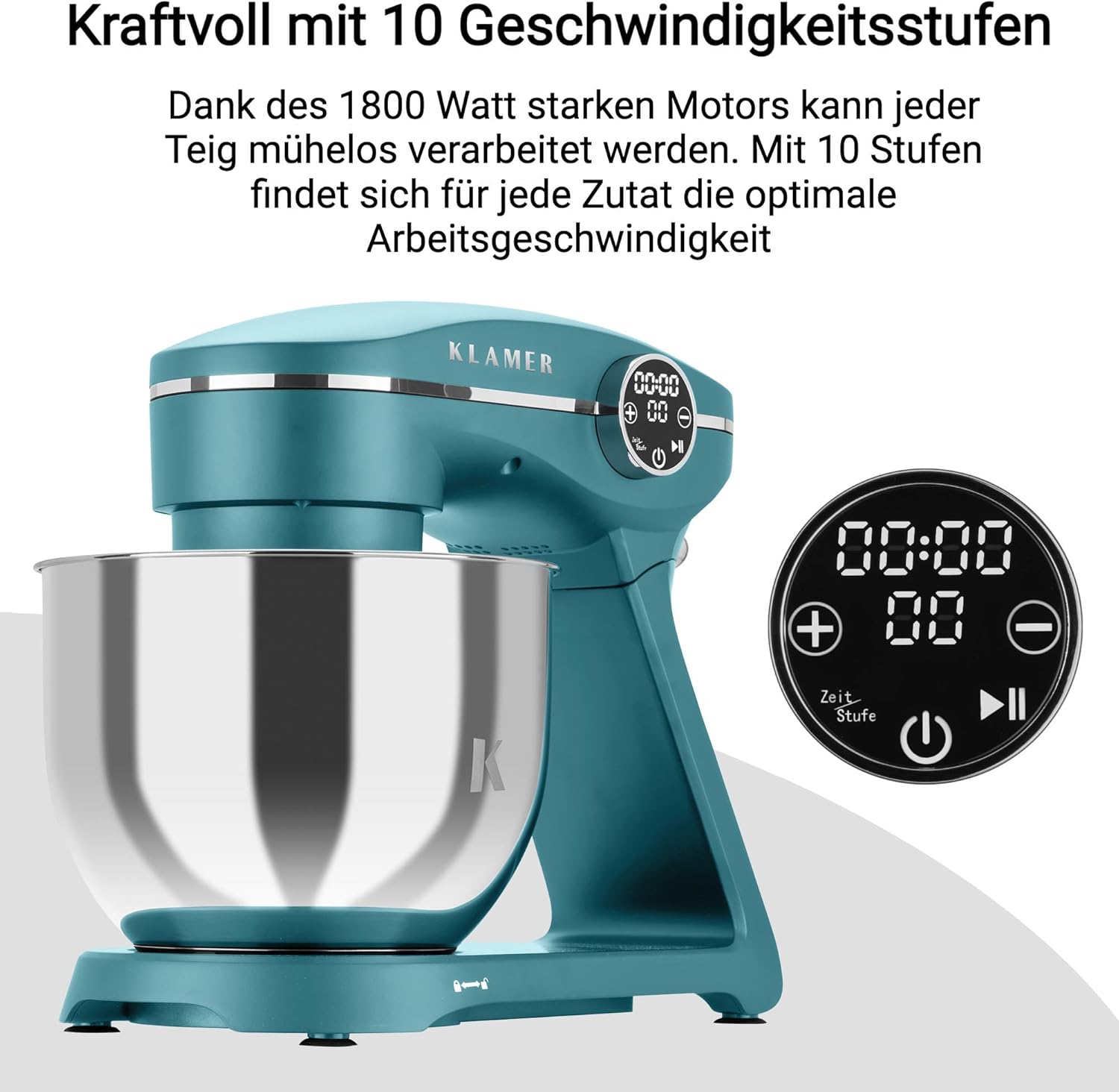 KLAMER Küchenmaschine 1800W, Knetmaschine mit 6 Liter Edelstahl Schüssel, 10 Geschwindigkeitsstufen mit Timer, Rührbesen, Knethaken, Schneebesen und Spritzschutz
