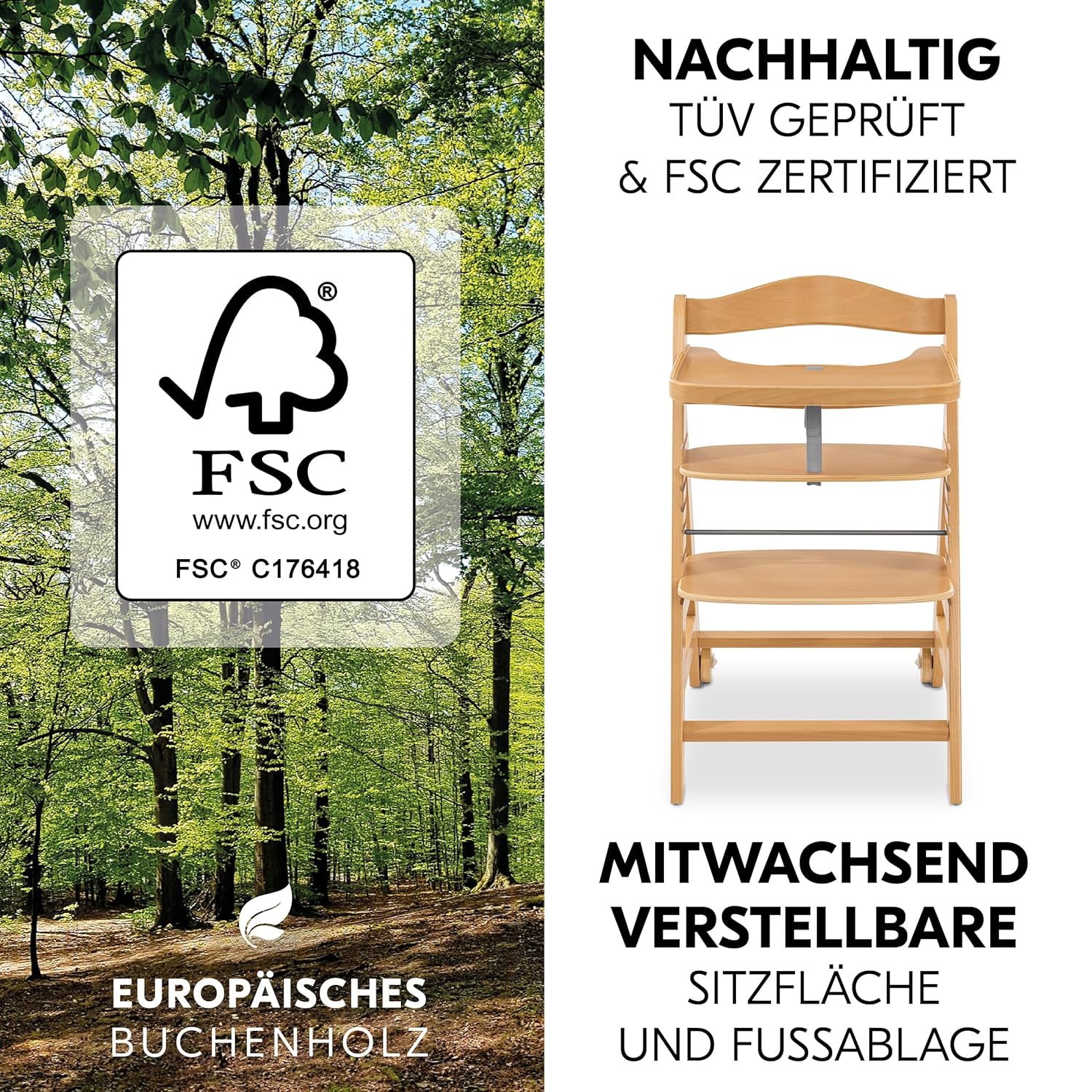 hauck Hochstuhl Beta+ Newborn Set Eco Bouncer - mitwachsender Holz Babyhochstuhl ab Geburt, inkl. Neugeborenenaufsatz, Sitzpolster und Essbrett - Dark Grey