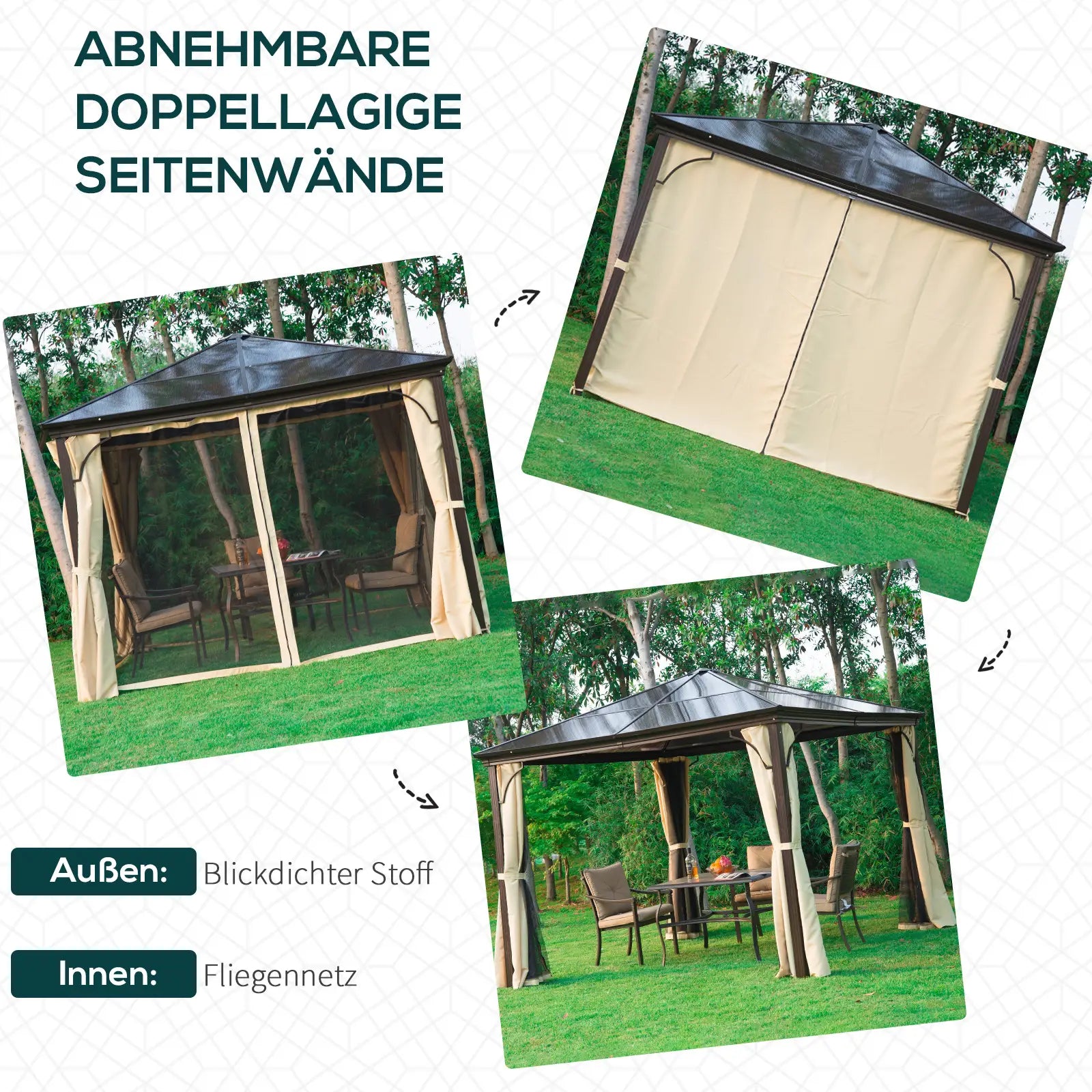 Outsunny Gartenpavillon Hardtop mit Polycarbonat-Dach Fliegennetz Alu