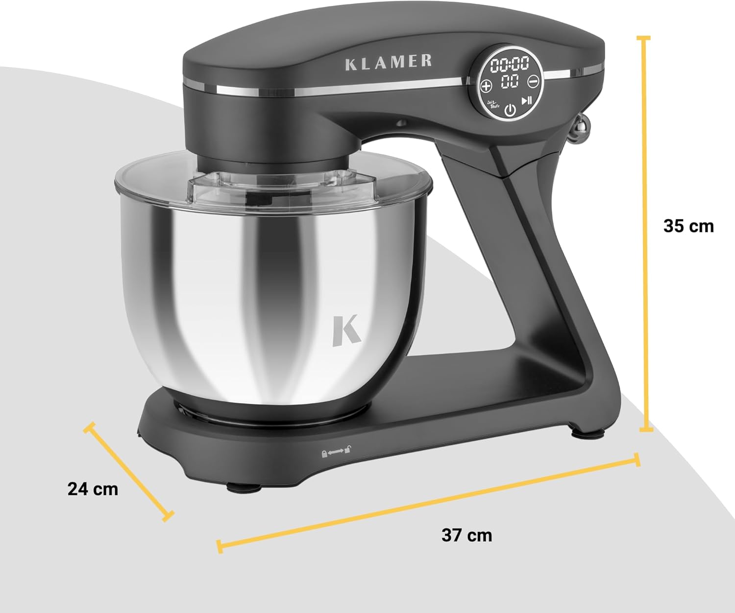 KLAMER Küchenmaschine 1800W, Knetmaschine mit 6 Liter Edelstahl Schüssel, 10 Geschwindigkeitsstufen mit Timer, Rührbesen, Knethaken, Schneebesen und Spritzschutz