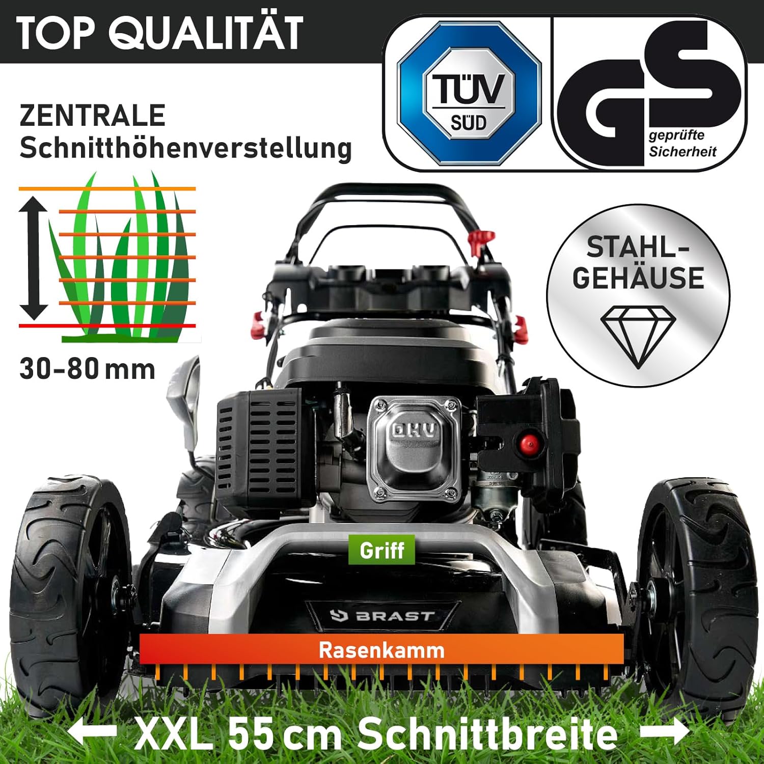 BRAST® Benzin Rasenmäher mit Antrieb | 5,2kW (7PS) | 55cm Schnittbreite | viele Modelle | TÜV | 30-80mm Schnitthöhe | 60L Fangkorb | 4 Takt OHV Motor | Stahlgehäuse | Power