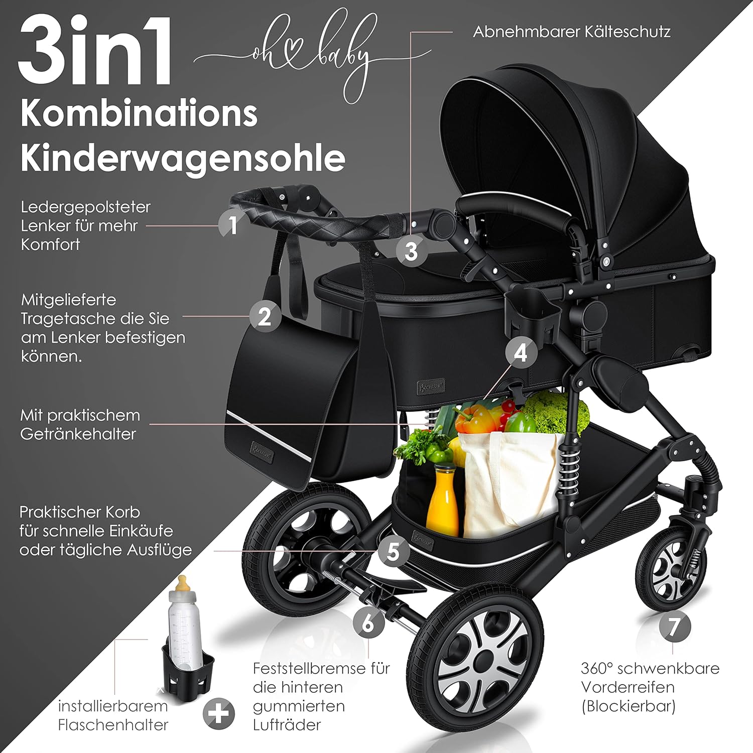 KESSER Loops 3 in 1 Kinderwagen Kombikinderwagen Komplett-Set inkl. Babywanne & Buggy Sportsitz & Auto-Babyschale Voll-Gummireifen Wickeltasche Regenschutz Kindertisch ECE R129, Schwarz/Champagne