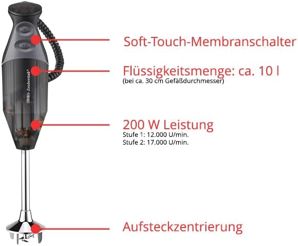 ESGE Zauberstab M 200 BBQ 98215 Stabmixer schwarz, Pürierstab, Handmixer, Profi, inkl. Zubehör, bis zu 17.000 U/Min, 200 Watt, Ergonomisches Griffdesign, Twinschalter, Aufsteckzentrierung, AC-Motor
