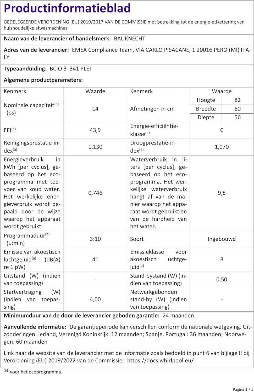 Bauknecht BCIO 3T341 PLET Vollintegrierbarer Geschirrspüler 60 cm /Edelstahl/14 Maßgedecke/10 Standardprogramme und 1 Sensorprogramm/PowerClean/ActiveDry/Besteckschublade/Vollwasserschutz