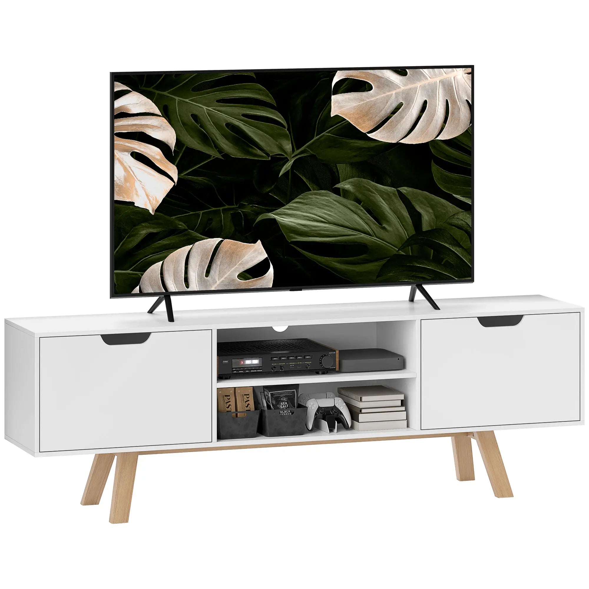 HOMCOM TV Lowboard 65 Zoll mit Kabelführung und 2 Schränken Weiß