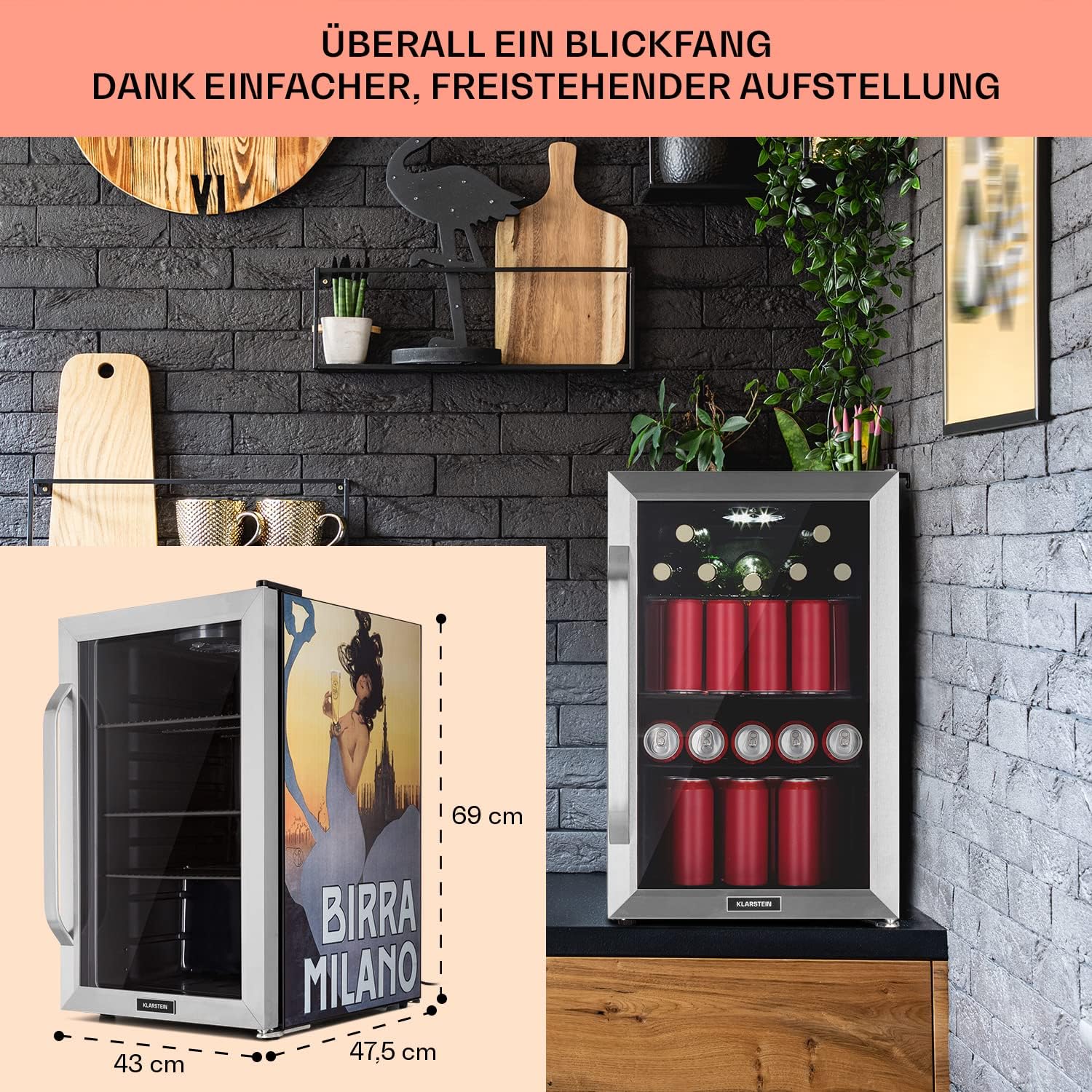 Klarstein Kühlschrank 70L, Kleiner Kühlschrank mit Herausnehmbaren Ablagen, Leiser Mini Kühlschrank mit Glastür & LED, Getränkekühlschrank Klein, Outdoor Geeignet, Biersafe für Flaschen, 0-10°C