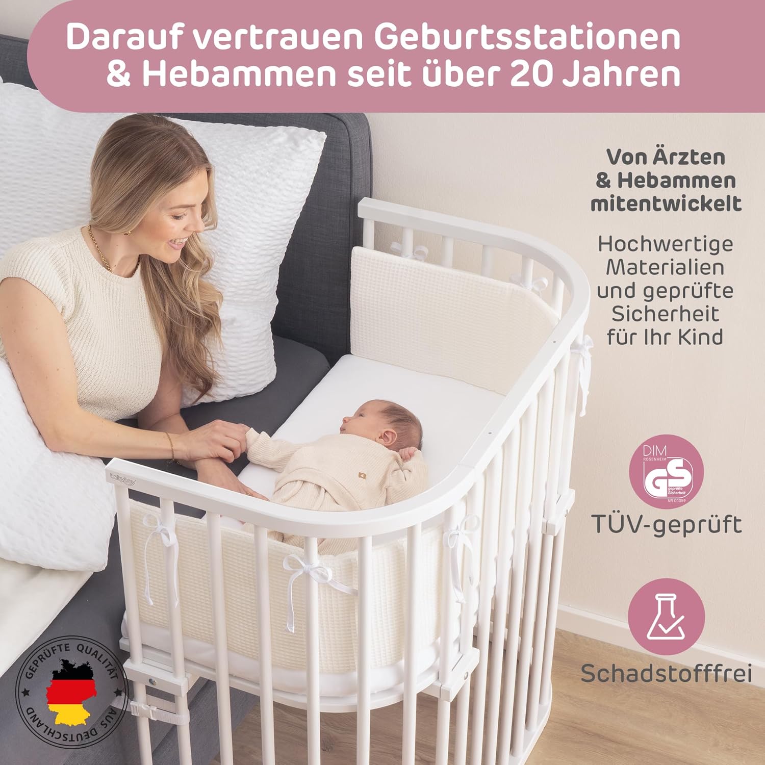 babybay Original Beistellbett aus massivem Buchenholz / kompakt & verwandelbar / Kinderbett Höhe stufenlos verstellbar & umweltfreundlich / mitwachsendes Babybett (weiß lackiert) / inkl. Matratze