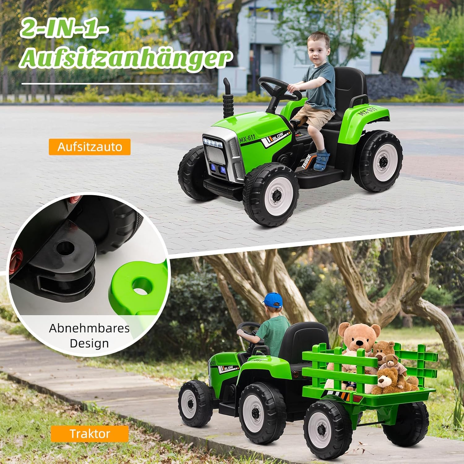 HAUSPROFI 12V 3-Gang Kinder Elektroauto mit Anhänger, Elektro Traktor 2 Fahrmodi, 2,4G-Fernbedienung, Kinder Traktor LED-Licht, Bluetooth, Musik, USB, Elektrischer Traktor für kinder ab 3 Jahren, Grün
