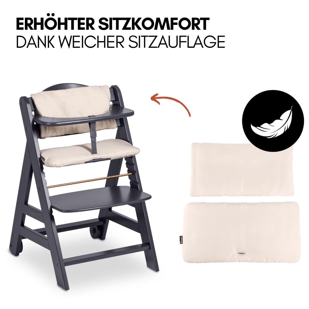 hauck Hochstuhl Beta+ Newborn Set Premium Dark Grey - Babyhochstuhl Set ab Geburt mit Neugeborenen Aufsatz Bouncer, Sitzpolster und Essbrett - Dark Grey