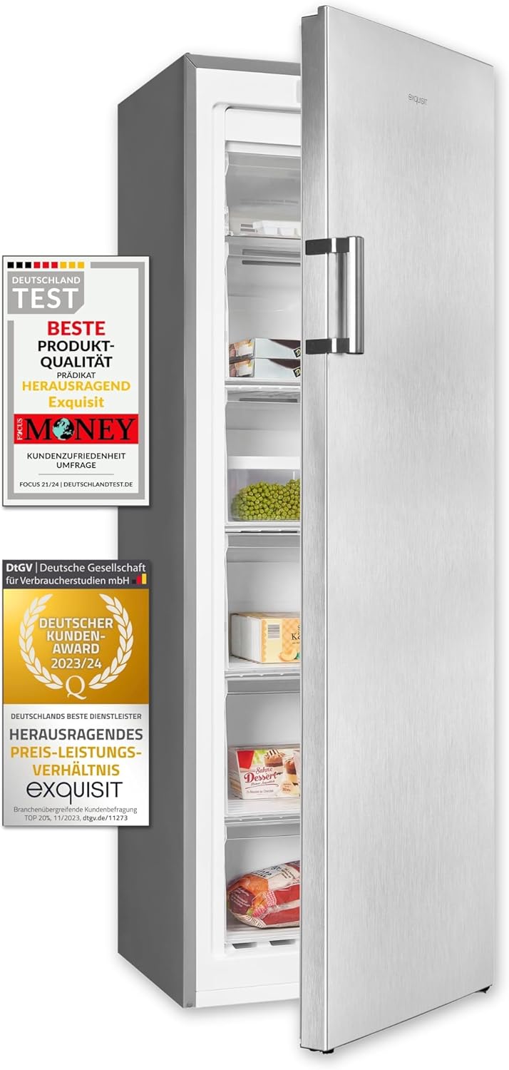 Exquisit Gefrierschrank GS271-NF-H-010E inoxlook | Gefrierschrank NoFrost 194 l Volumen | Tiefkühlschrank mit 5 Schubladen | Schnellgefrieren
