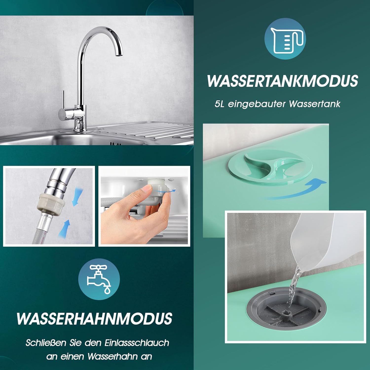 AIRMSEN Mini Geschirrspüler Tischgeschirrspüler mit 5+1 Programme 5L Wassertank, 2 Wege Wasserversorgung, Touch Control & LED-Display, Geeignet für Hausküchen, Wohnungen, Schlafsäle, Weiß & Schwarz
