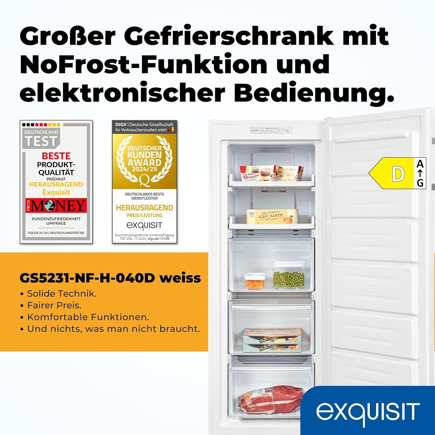 Exquisit Gefrierschrank NoFrost, Tiefkühlschrank groß, 161 Liter, Schnellgefrieren, Alarm-Funktion, GS5231-NF-H-040C weiss