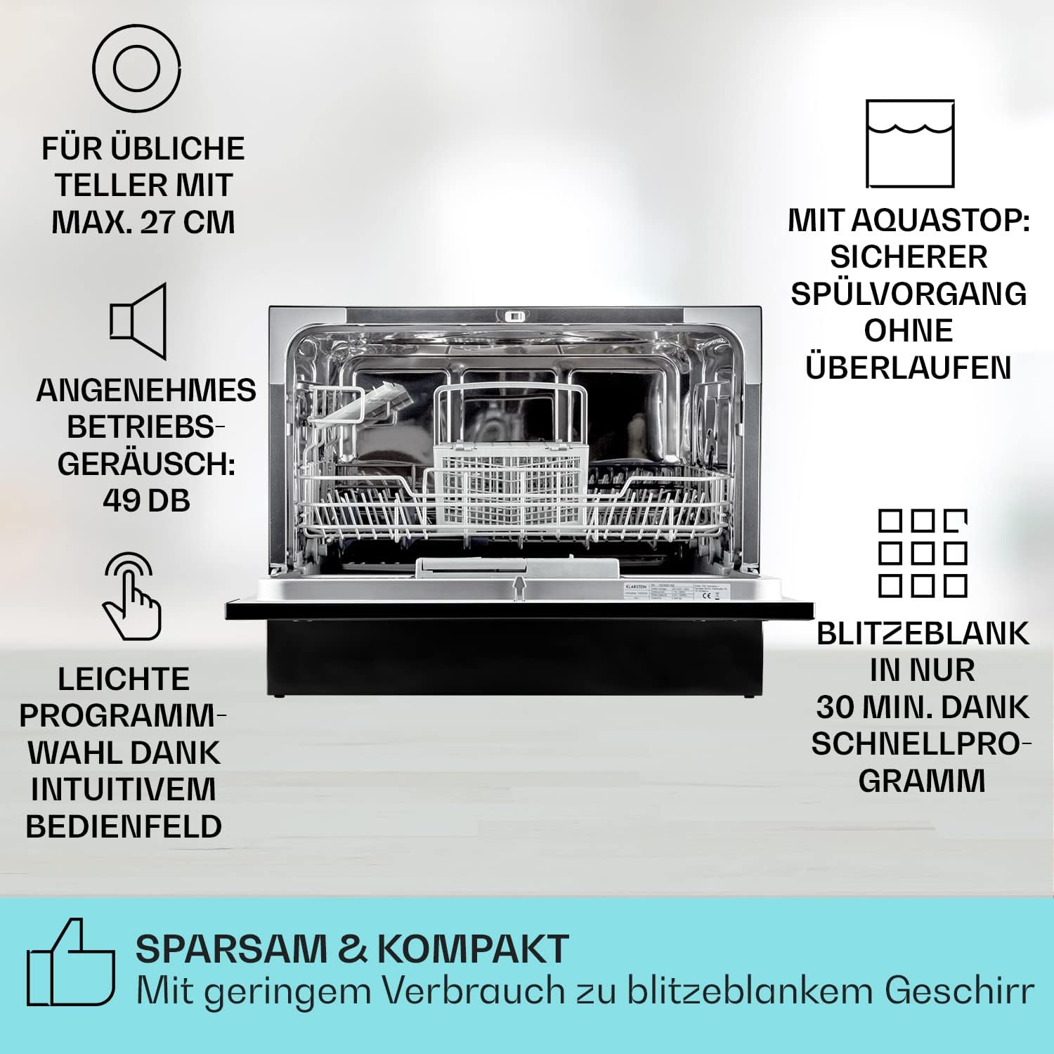 Klarstein ia 8 - Spülmaschine, Geschirrspüler, Freistehend, Teilintegriert, F, 55 cm breit, 8 Maßgedecke, 6 Programme, Aquastop, silber
