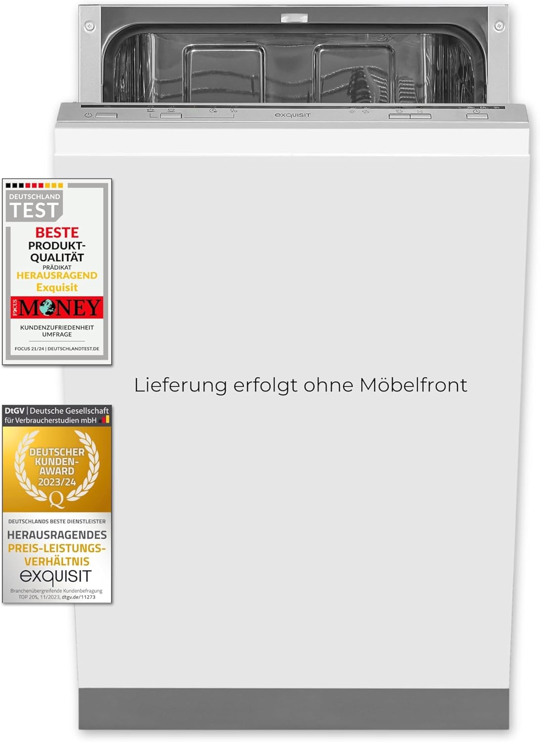 Exquisit Geschirrspüler, Spülmaschine, 45 cm Breite, Teilintegriert, 9 Maßgedecke, 9 Liter, Startzeitvorwahl, ECO-Modus, Geschirrspüler 45 cm, EGSP51009-EB-030E inox