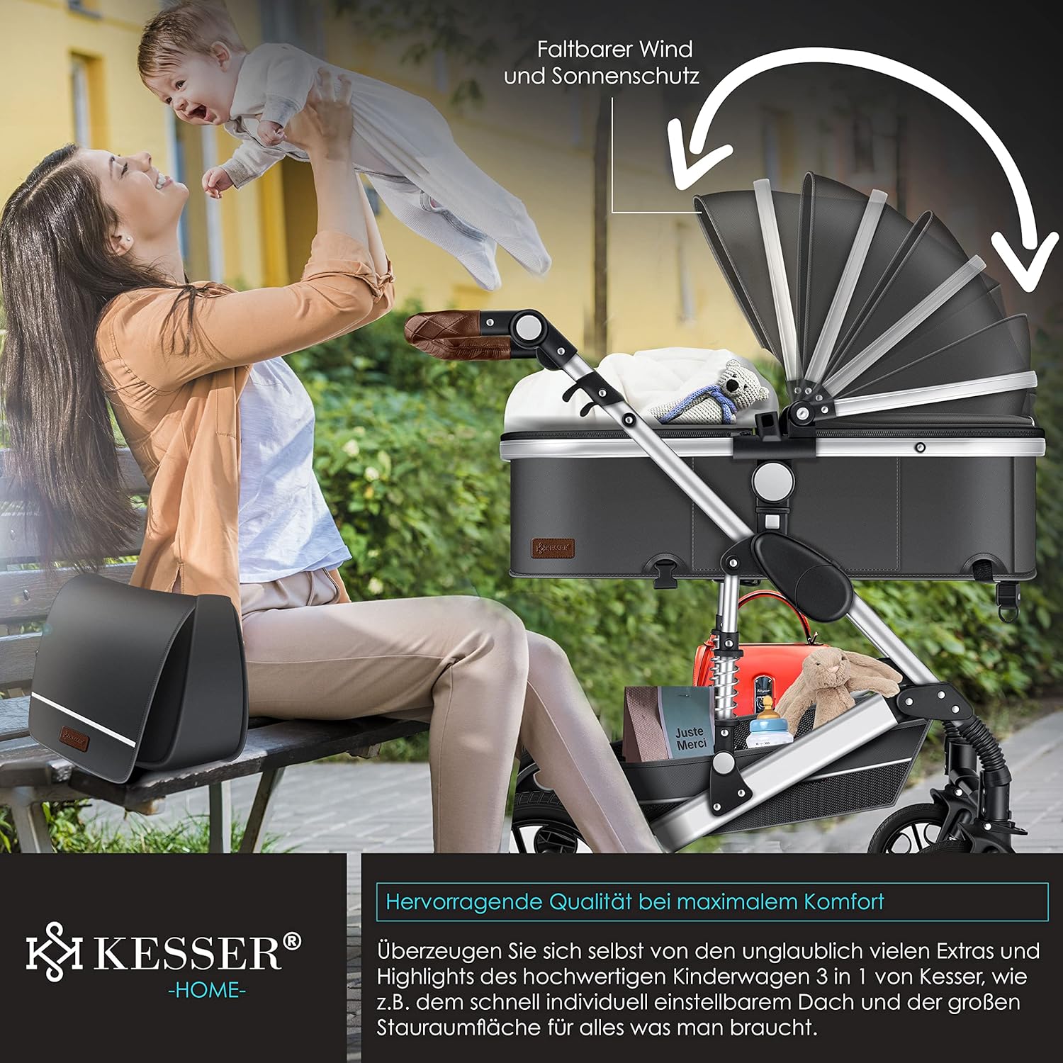 KESSER Loops 3 in 1 Kinderwagen Kombikinderwagen Komplett-Set inkl. Babywanne & Buggy Sportsitz & Auto-Babyschale Voll-Gummireifen Wickeltasche Regenschutz Kindertisch ECE R129, Schwarz/Champagne
