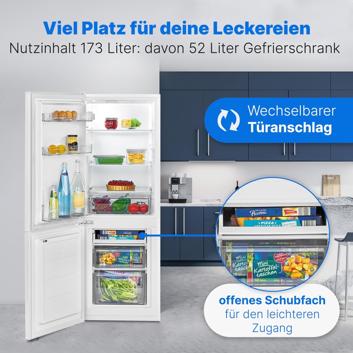 Bomann® Kühlschrank mit Gefrierfach 143cm hoch | Kühl Gefrierkombination 173L mit 3 Ablagen & 3 Schubladen | Türanschlag wechselbar | leise Kühlgefrierkombi 40db | Kühlschrank | KG 7331 inox