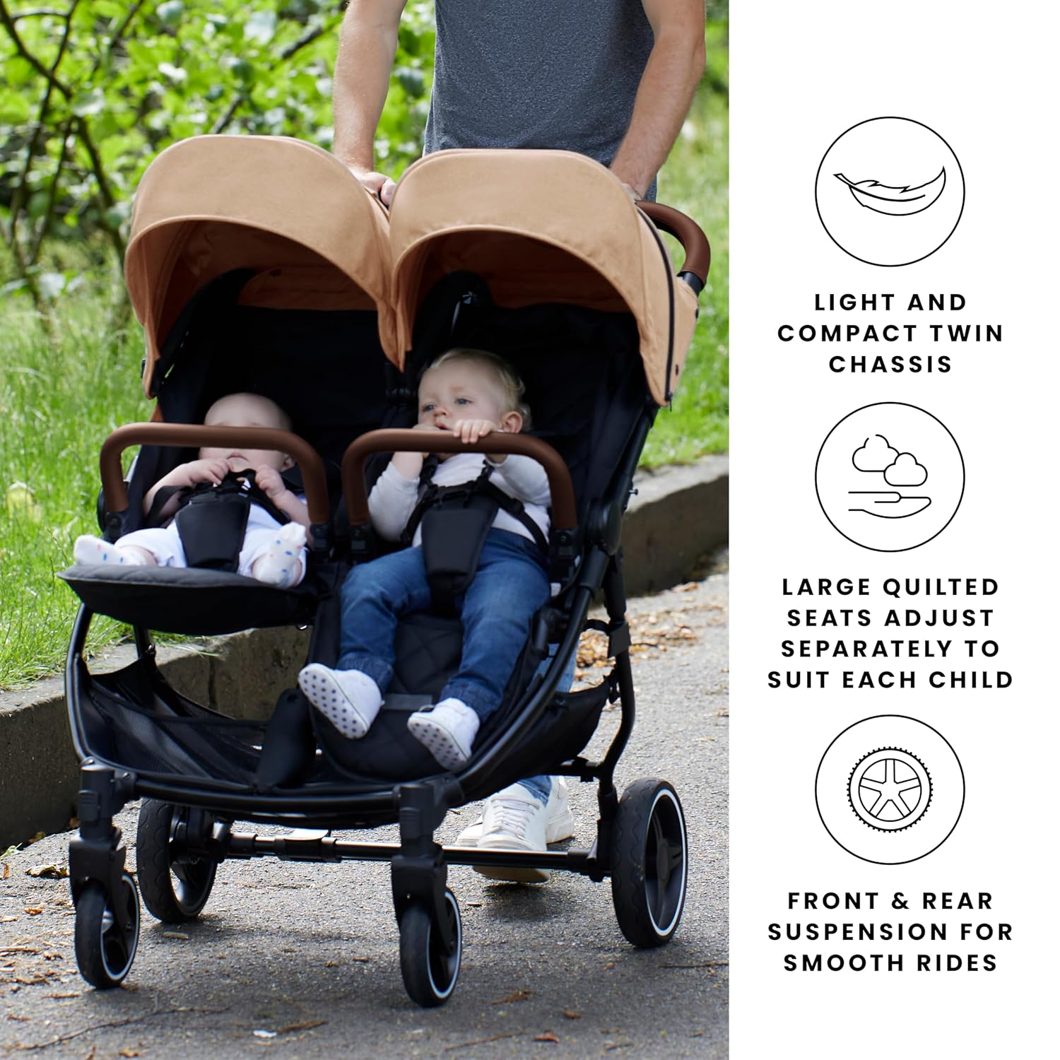 Venus Max Doppel kinderwagen - geeignet von Geburt bis 15 kg (ca. 3 Jahre), kompakter, leichter, faltbarer Zwillingskinderwagen, inklusive Regenschutz und Fußwärmer (Biscuit)