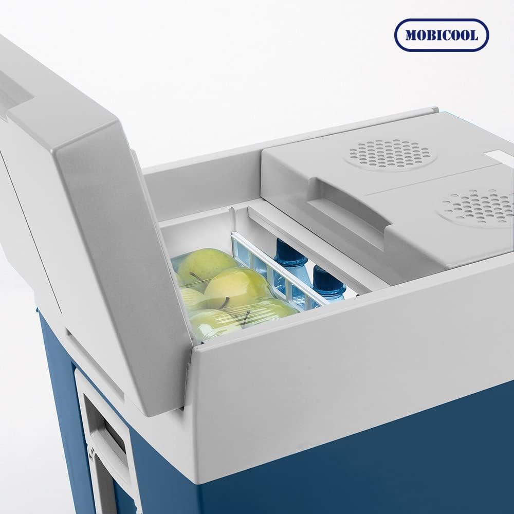 Mobicool MT48W AC/DC - elektrische Kühlbox mit Rollen passend für eine komplette Getrnkekiste / Bierkiste, 48 Liter, 12 V und 230 V für Auto, Lkw, Boot, Reisemobil und Steckdose, Blau