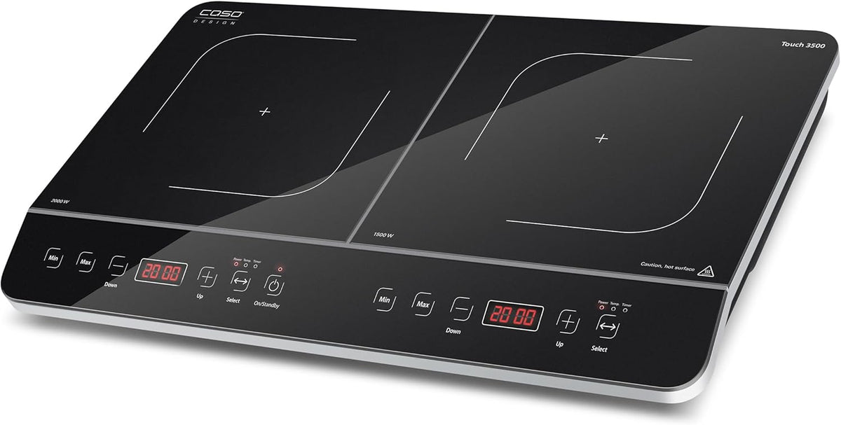 CASO Touch 3500 Induktionskochplatte doppelt mobil, Sicherheitsschalter, 60-240°C, 6 Stufen, Timer 180 Min., Tpfe bis 26 cm, 3500 Watt, Glaskeramik