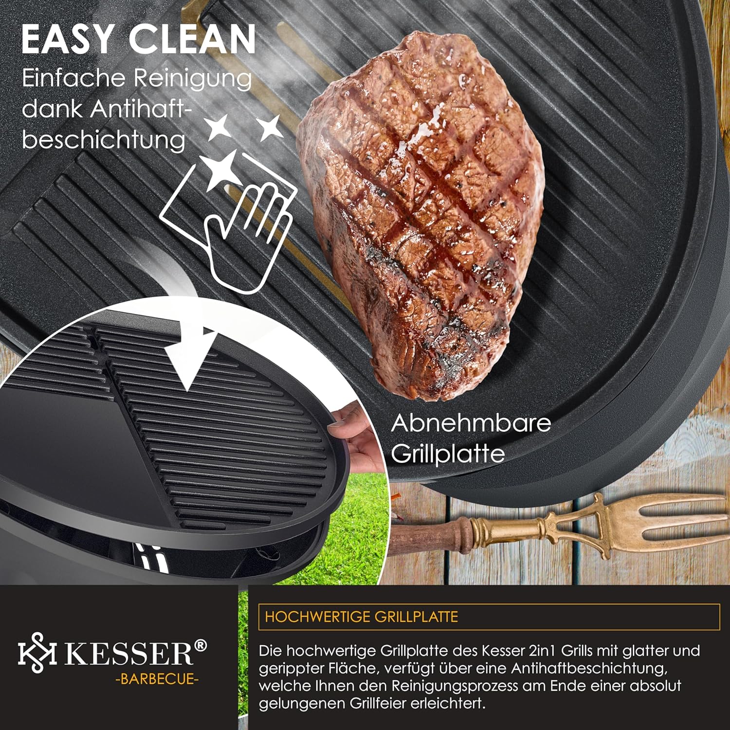 KESSER elektrischer Elektrogrill 2in1 Tischgrill - Standgrill mit Deckel und Standfuß | max. 2400 Watt | Faltbar | Thermostat | Antihaftbeschichtung | Grillplatte Abstelltische | 2 Räder |