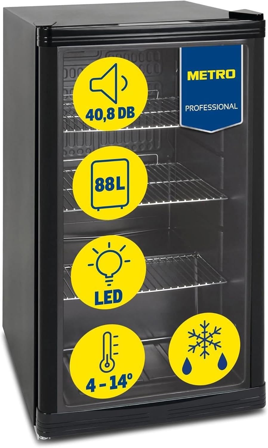 METRO Professional Mini-Kühlschrank GPC1088, 88 L, 1.052 kWh/24h, 3 Edelstahl-Drahtböden, schwarz