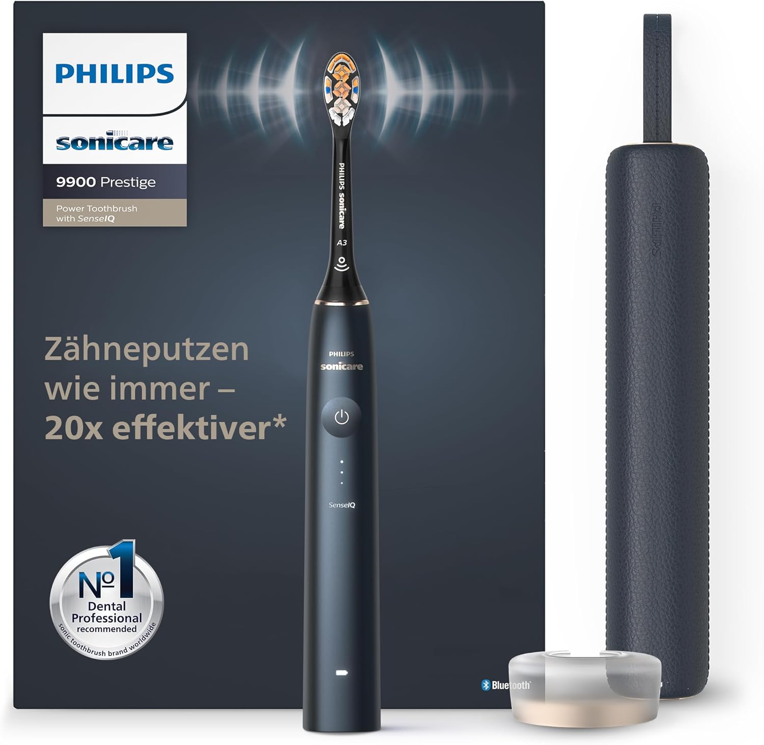 Philips Sonicare DiamondClean Prestige 9900 – Elektrische Zahnbürste mit SenseIQ, A3 Premium-All-in-One-Bürstenkopf und Ladeetui in Mitternachtsblau (Modell HX9992/12)