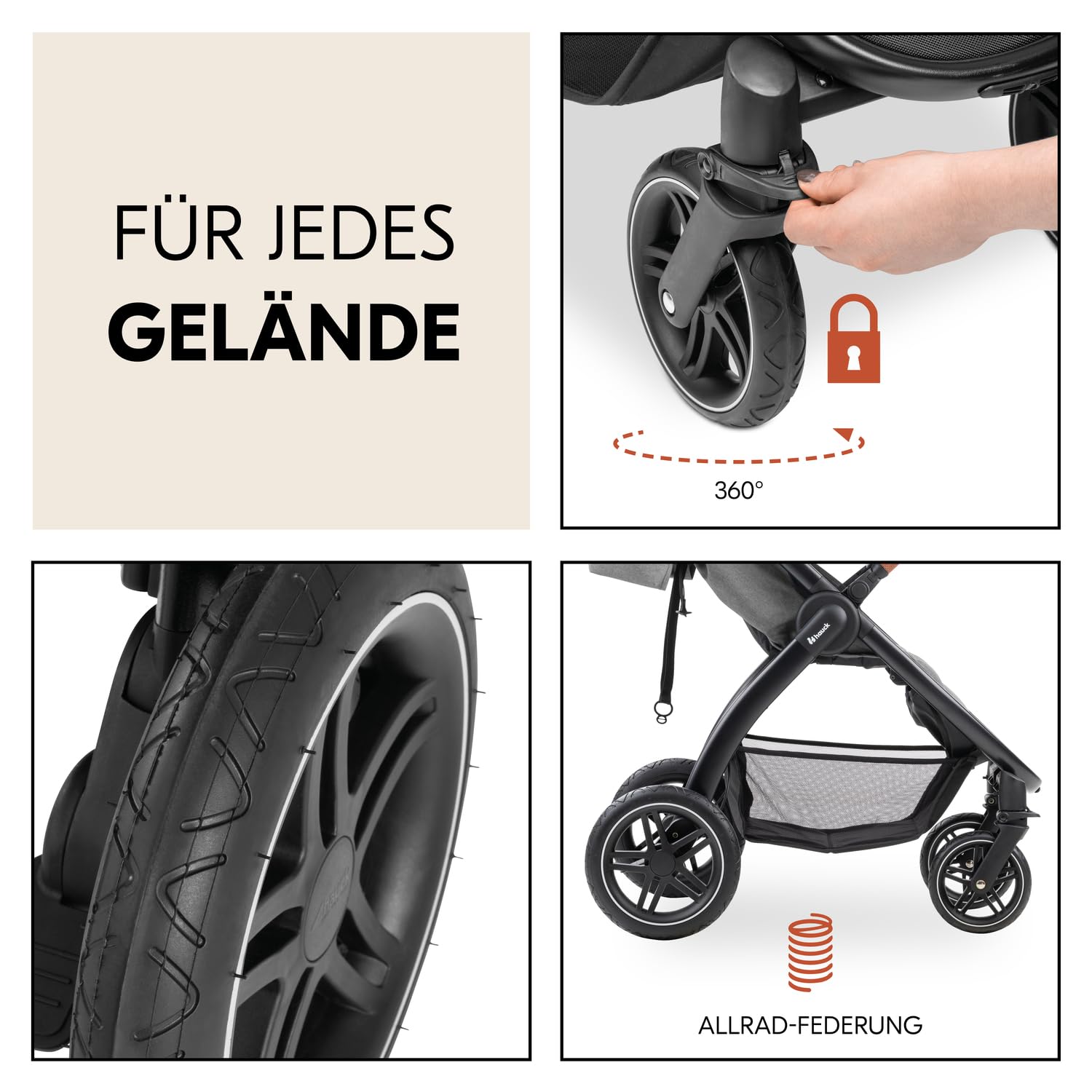 Hauck Uptown Kinderwagen Melange Rose – Kinderwagen für jedes Gelände, extra großer Sitz, flache Liegeposition, Gummiräder, Federung, kompakt und einfach zusammenklappbar, mit Regenschutz