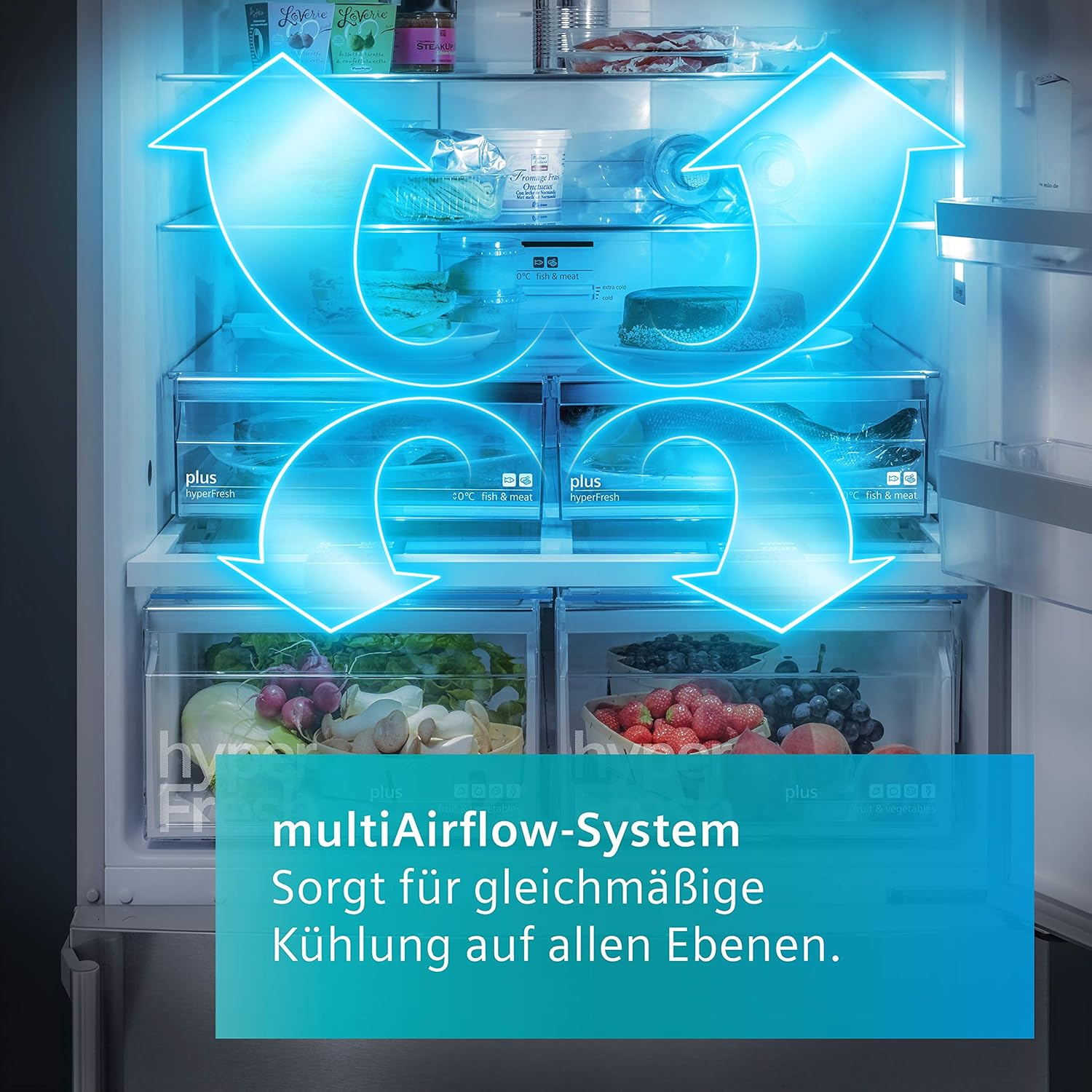 SIEMENS KF96NVPEA iQ300 Multi-Door-Kühlschrank, 183 x 91 cm, 405 L Kühlen & 200 L Gefrieren, hyperFresh längere Frische, noFrost nie wieder abtauen, superCooling schnellere Kühlung
