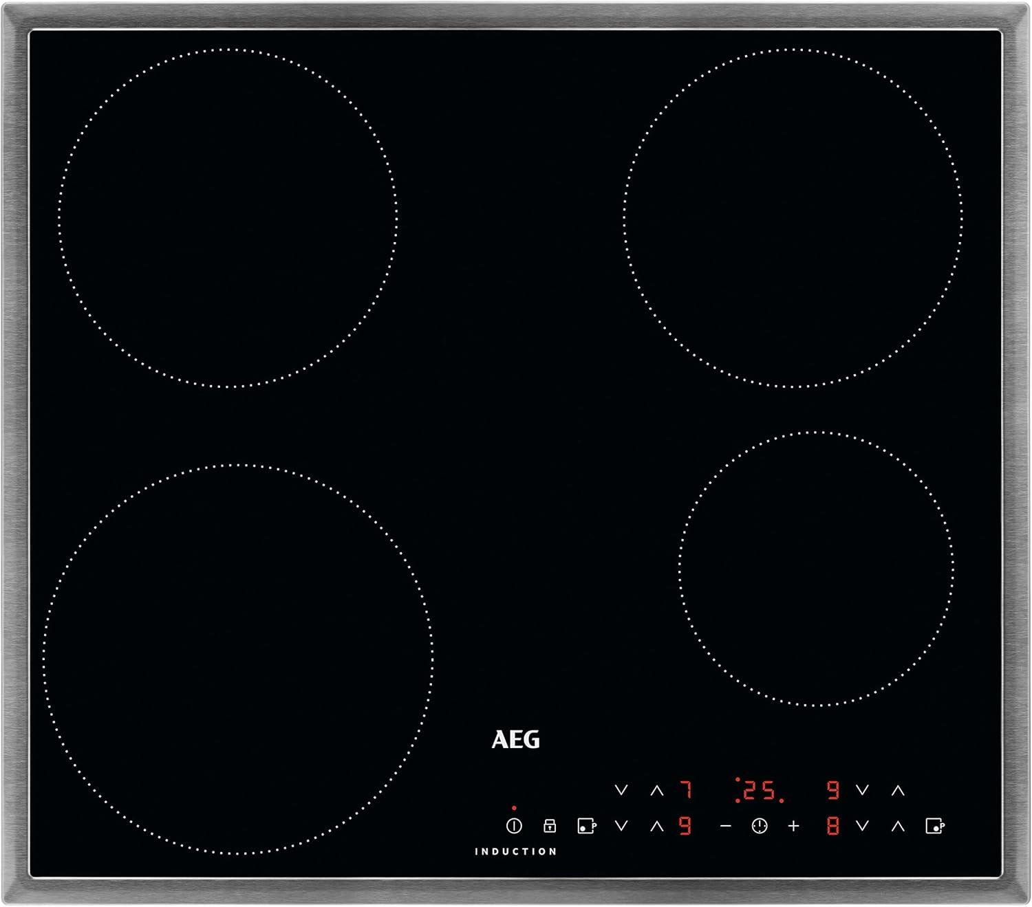 AEG Induktionskochfeld autark 60cm / 4 Zonen mit 2x Power-Funktion für schnelles Kochen / 9 Stufen / Edelstahlrahmen / Timer / Touch-Bedienung / Kindersicherung / Restwärmeanzeige / IKB6430AMB