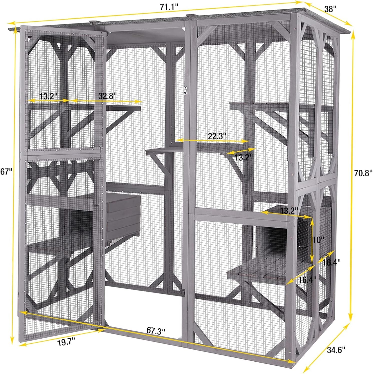 Katzenhaus Outdoor Catio Kitty Gehege mit super großer Eingangstür, Holz-Katzenkäfig Condo Indoor-Laufstall mit Plattformen und kleinem Haus