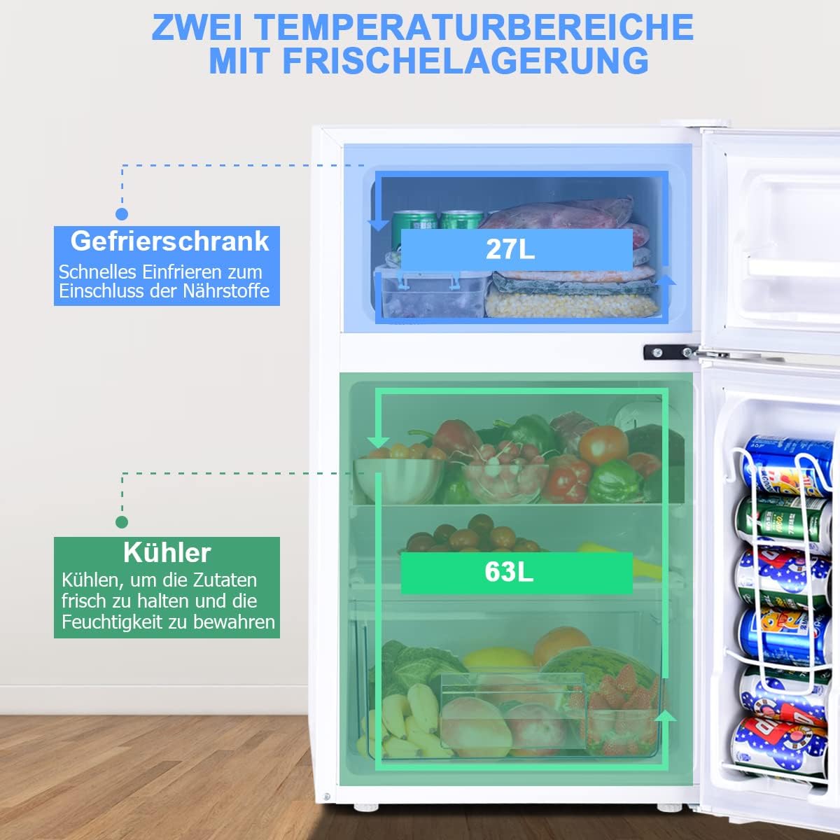 GOPLUS Kühlschrank mit Gefrierfach - Kühl Gefrierkombination / 90L Gesamtnutzinhalt, 27L Gefrierteil/Thermostat einstellbar/LED Innenbeleuchtung/Türanschlag wechselbar (Weiß)