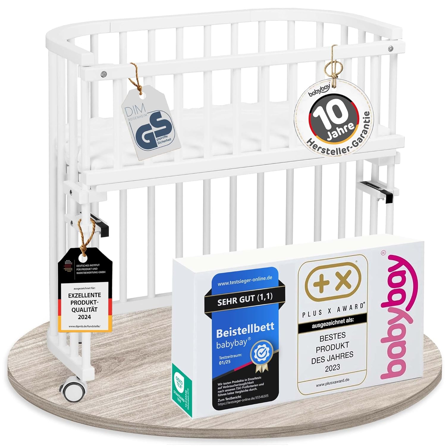 babybay Original Beistellbett aus massivem Buchenholz / kompakt & verwandelbar / Kinderbett Höhe stufenlos verstellbar & umweltfreundlich / mitwachsendes Babybett (weiß lackiert) / inkl. Matratze